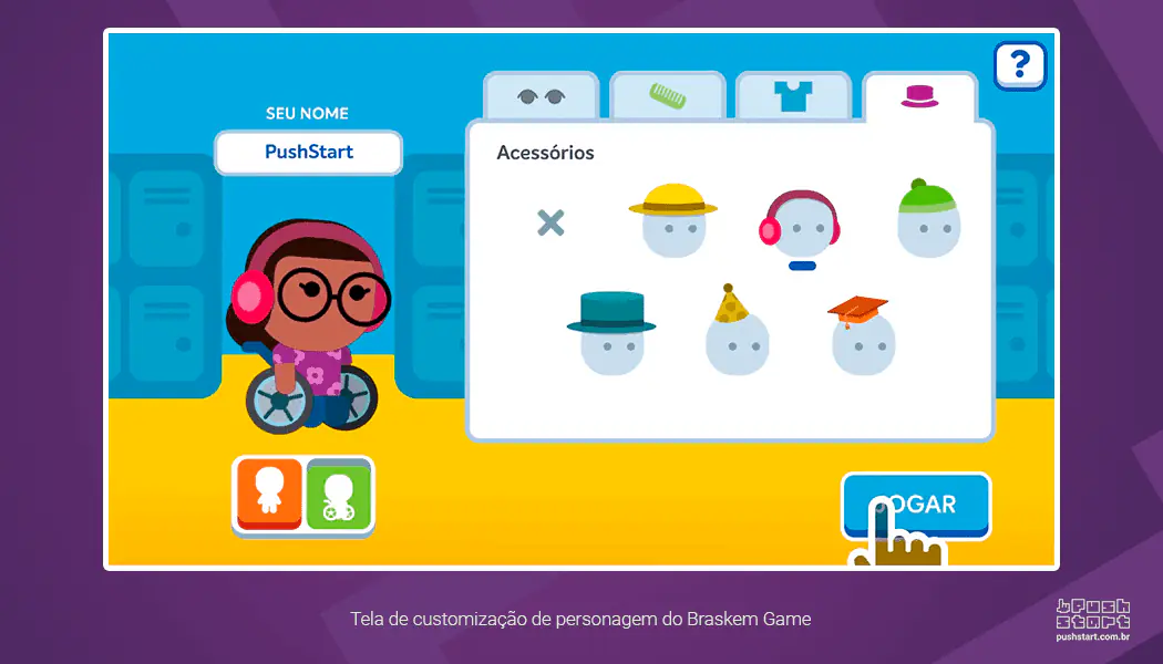 Tela de customização de personagem do Braskem Game