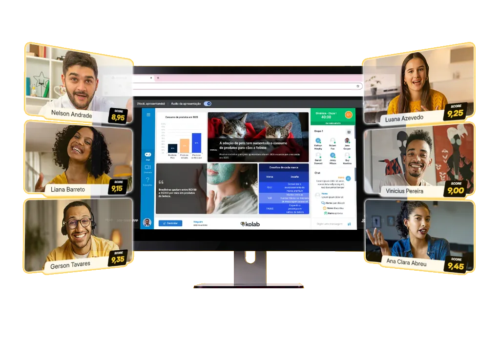 Interface da plataforma de Dinâmicas Online Kolab com avaliação e scores de candidatos em grupo