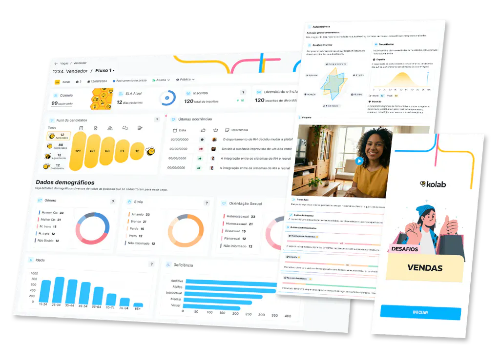 Interface da plataforma Kolab com dashboard de recrutamento, autoentrevista por IA e testes mobile