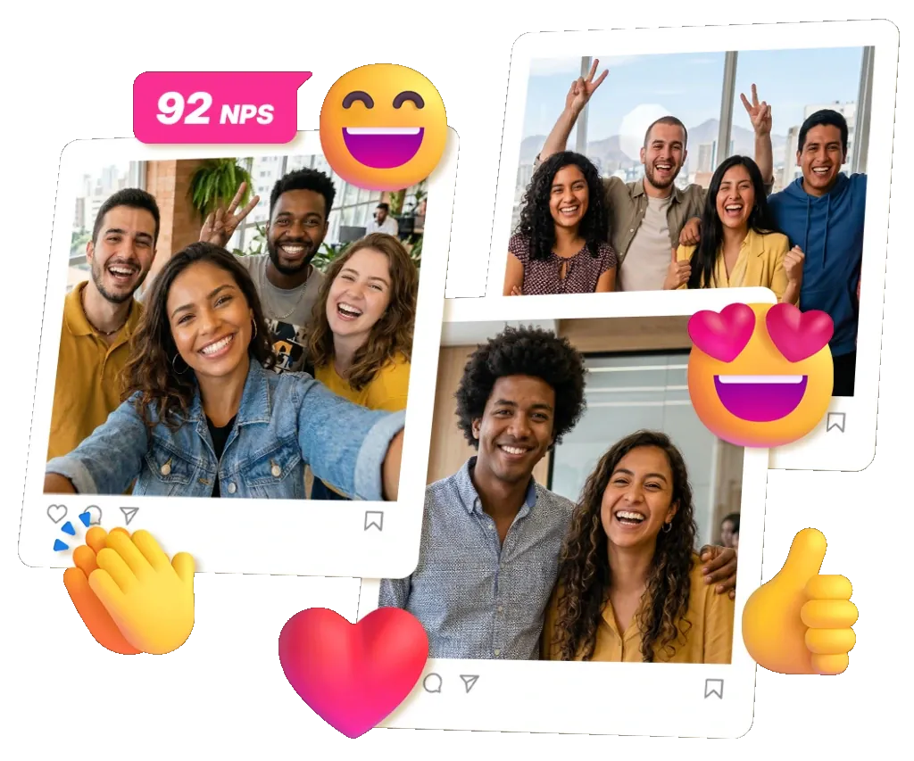 Jovens talentos e estagiários em fotos estilo polaroid com reações e índice de 92 NPS